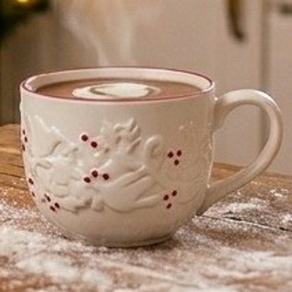 Starbucks 2008 Holiday Mug White Red Embossed Dove Holly Berry 12oz Ceramic Cup‎